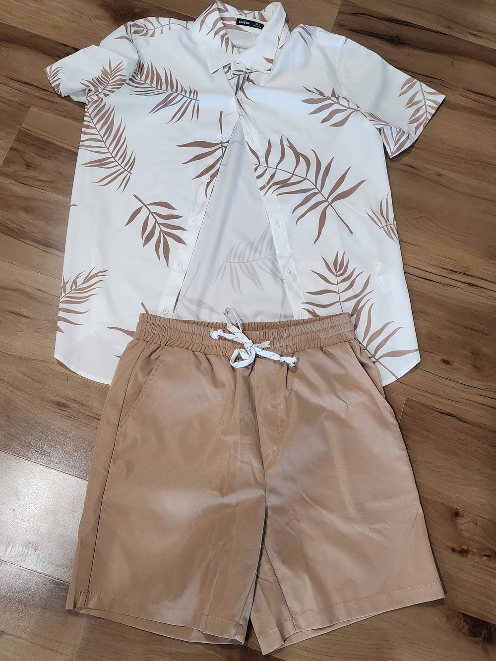 SHEIN White Button-Up Shirt with Beige Leaf Print & Tan Drawstring Shorts